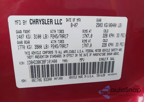 2008 Dodge Durango Sxt из США, поврежденный, VIN 1D8HD38K38F101400